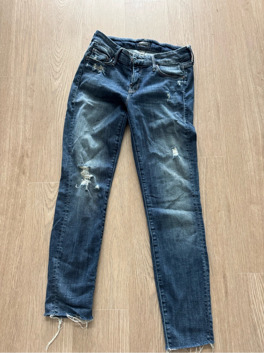 MOTHER Skinny Distressed Jeans - Dark Blue Wash